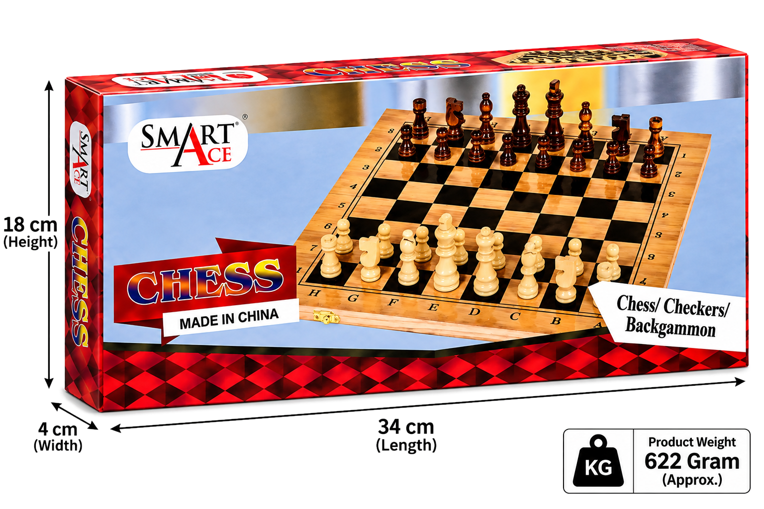 Smart Ace Chess/Checkers/Backgammon 3-in-1 Board Game Set