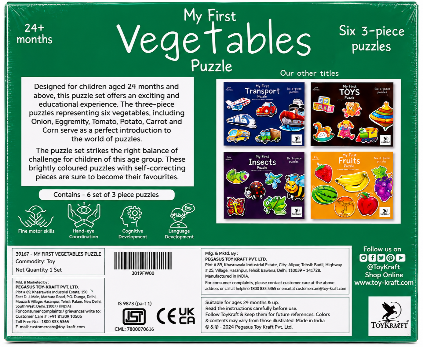 My First Vegetables Puzzle - Six 3-Piece Puzzles