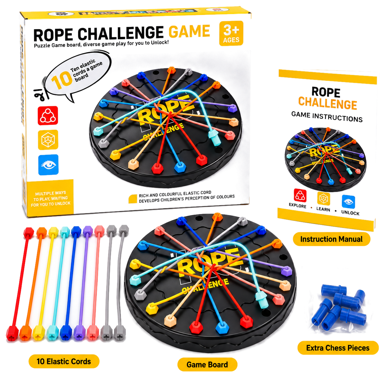 Rope Challenge Game - Puzzle Board with 10 Elastic Cords
