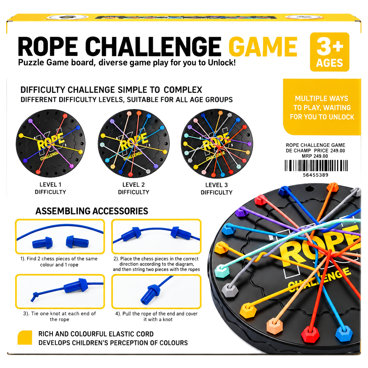 Rope Challenge Game - Puzzle Board with 10 Elastic Cords