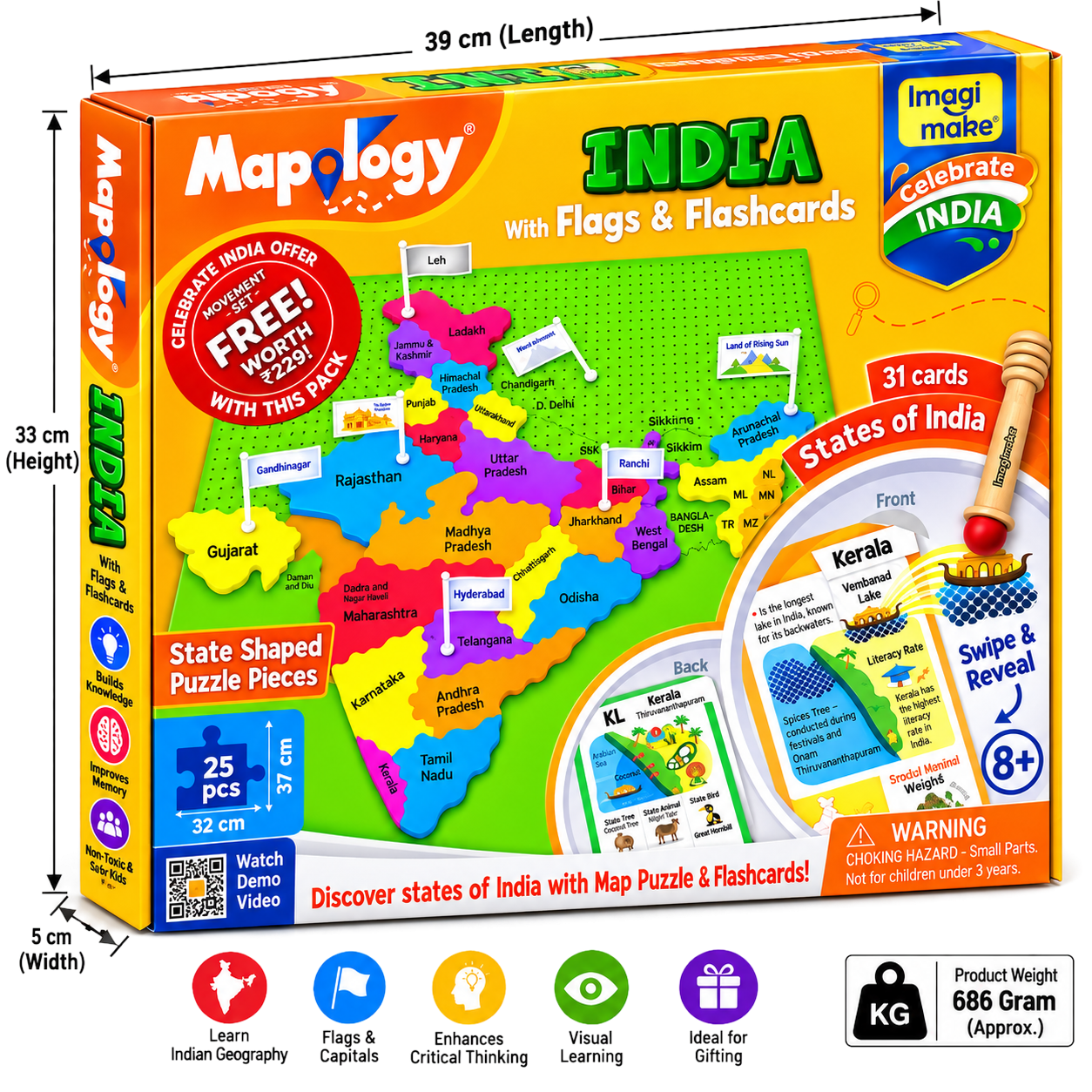 Mapology India Map Puzzle with Flags & Flashcards 1